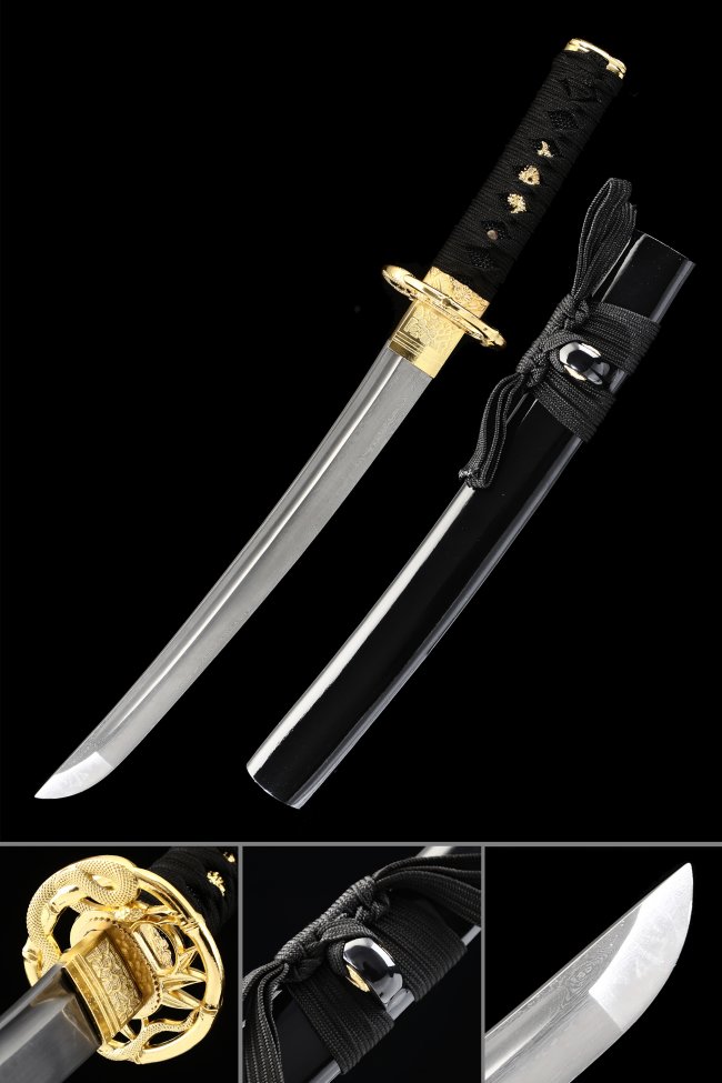 T10 Steel Tanto with Gold Dragon Tsuba - Black Saya & Cord Handle, 21-Inch Collectible