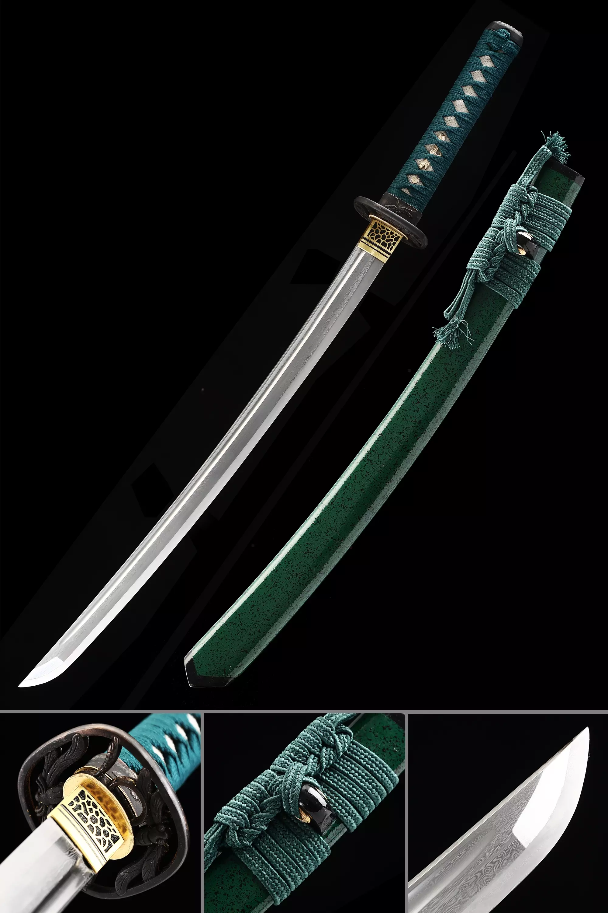 Green Wakizashi | Short Katana, Handmade Wakizashi Sword Damascus Steel ...