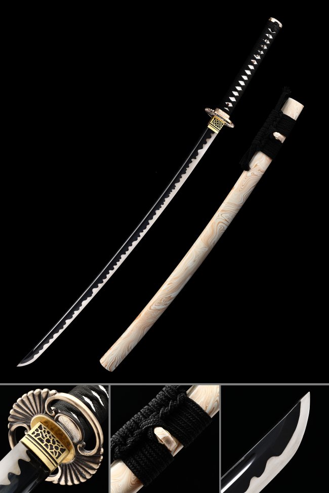 1065 Carbon Steel Katana with Black Blade - Chrysanthemum Tsuba, Natural Wood Saya