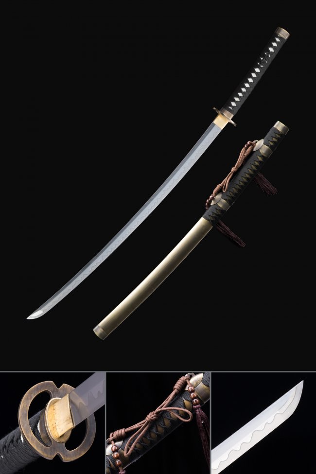 Manganese Steel Katana with Gold Hardwood Saya - Bronze Tsuba, Wave-Engraved Blade, Black-White Tsuka