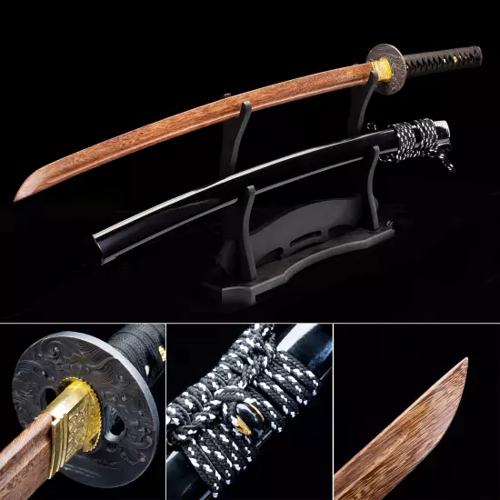 Handmade Brown Wooden Blade Unsharpened Katana Sword With Black Scabbard And Alloy Tsuba