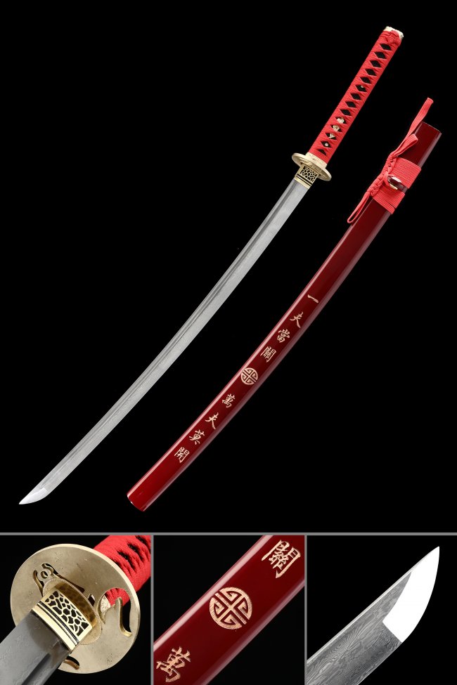 Damascus Steel Katana with Red Lacquer Saya - Gold Tsuba, Red Ito Wrap, Kanji Engraving