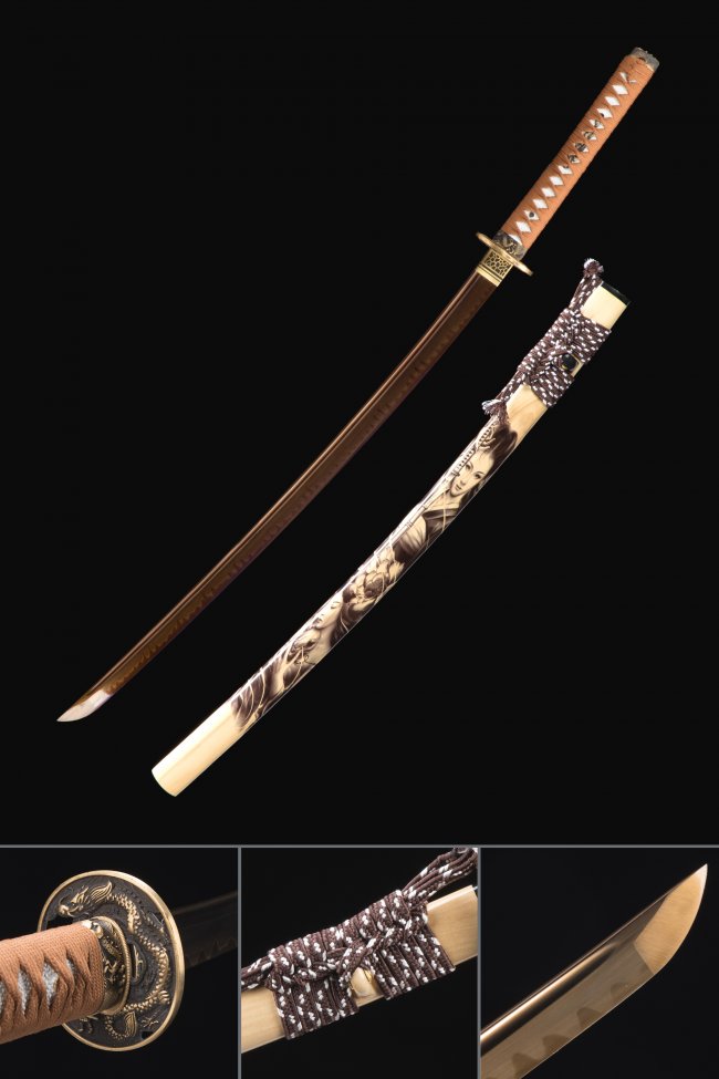 T10 Steel Golden Blade Katana with Dragon Tsuba, Brown Cord Handle & Geisha Saya