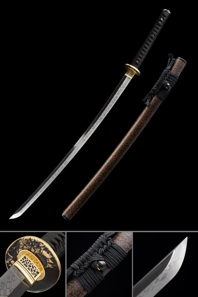 T10 Carbon Steel Katana with Real Hamon - Dragon-Engraved Black-Brown Hardwood Saya, Gold-Black Tsuba