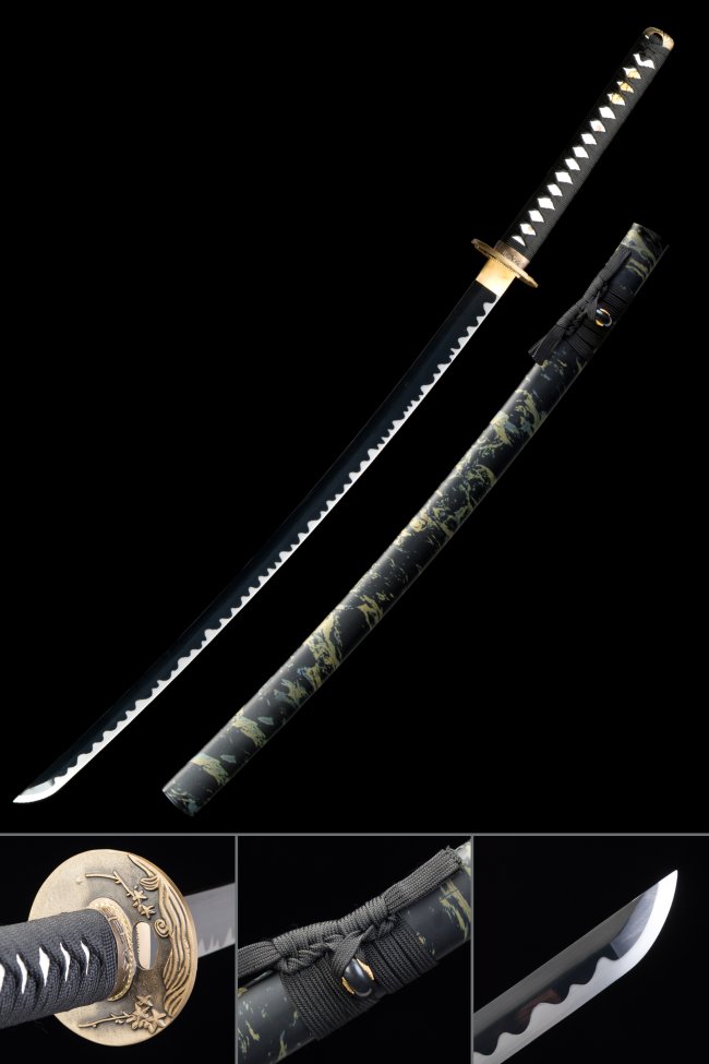 Black Blade Katana in Manganese Steel with Camo Saya and Gold Crane Tsuba