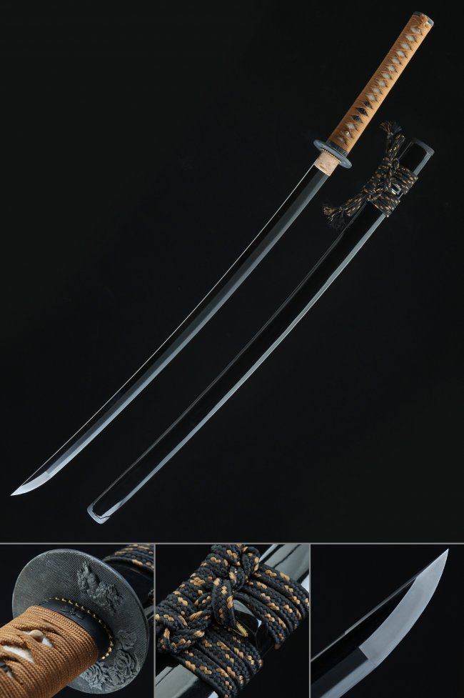 Tamahagane Steel Katana with High-Polish Blade, Dragon Tsuba in Brown Tsuka & Black Saya