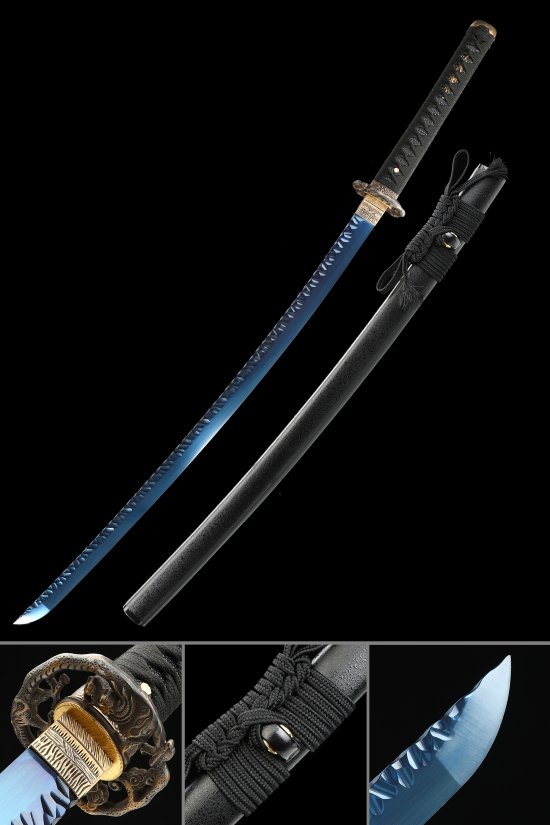 Blue Blade Katana 1095 Carbon Steel Full Tang with Dragon Bronze Tsuba, Black Saya