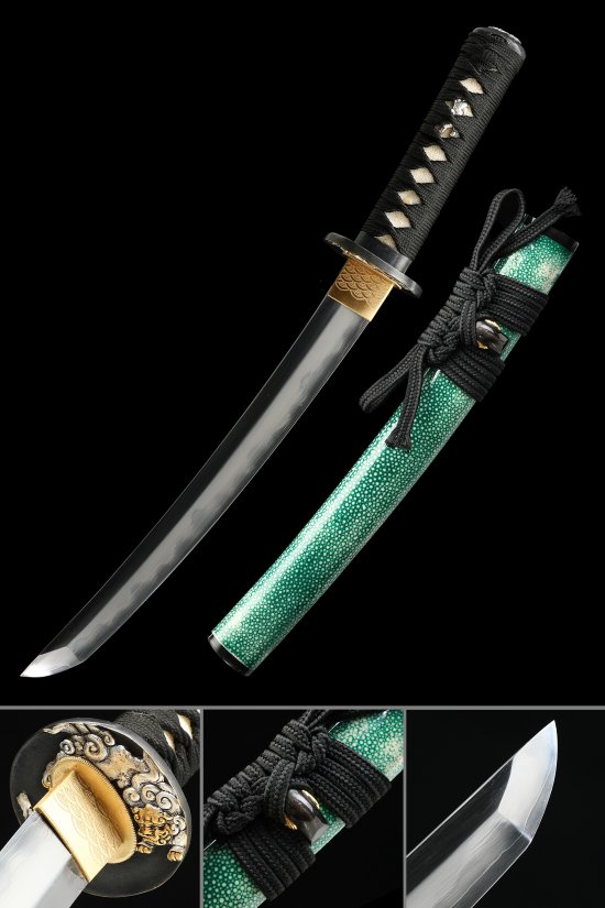 T10 Carbon Steel Tanto with Teal Pearl Rayskin Saya - Gold-Black Lion Tsuba, Black Cord Handle