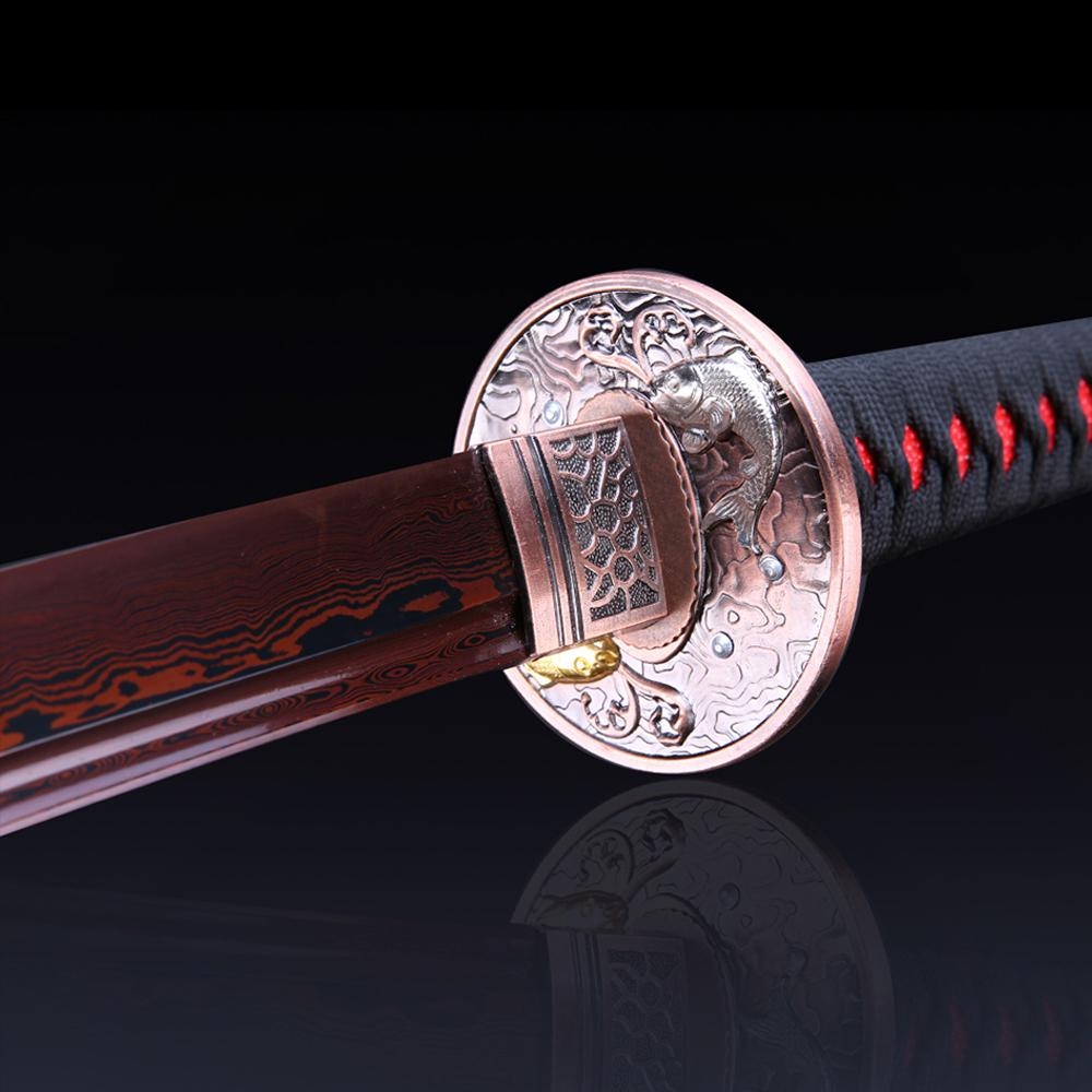 Handmade Damascus Steel Red Plated Real Katana Japanese Samurai Sword Truekatana