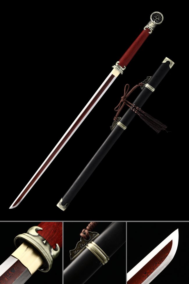 Damascus Steel Ninjato with Red Blade & Black Lacquered Hardwood Scabbard - Bronze Fittings