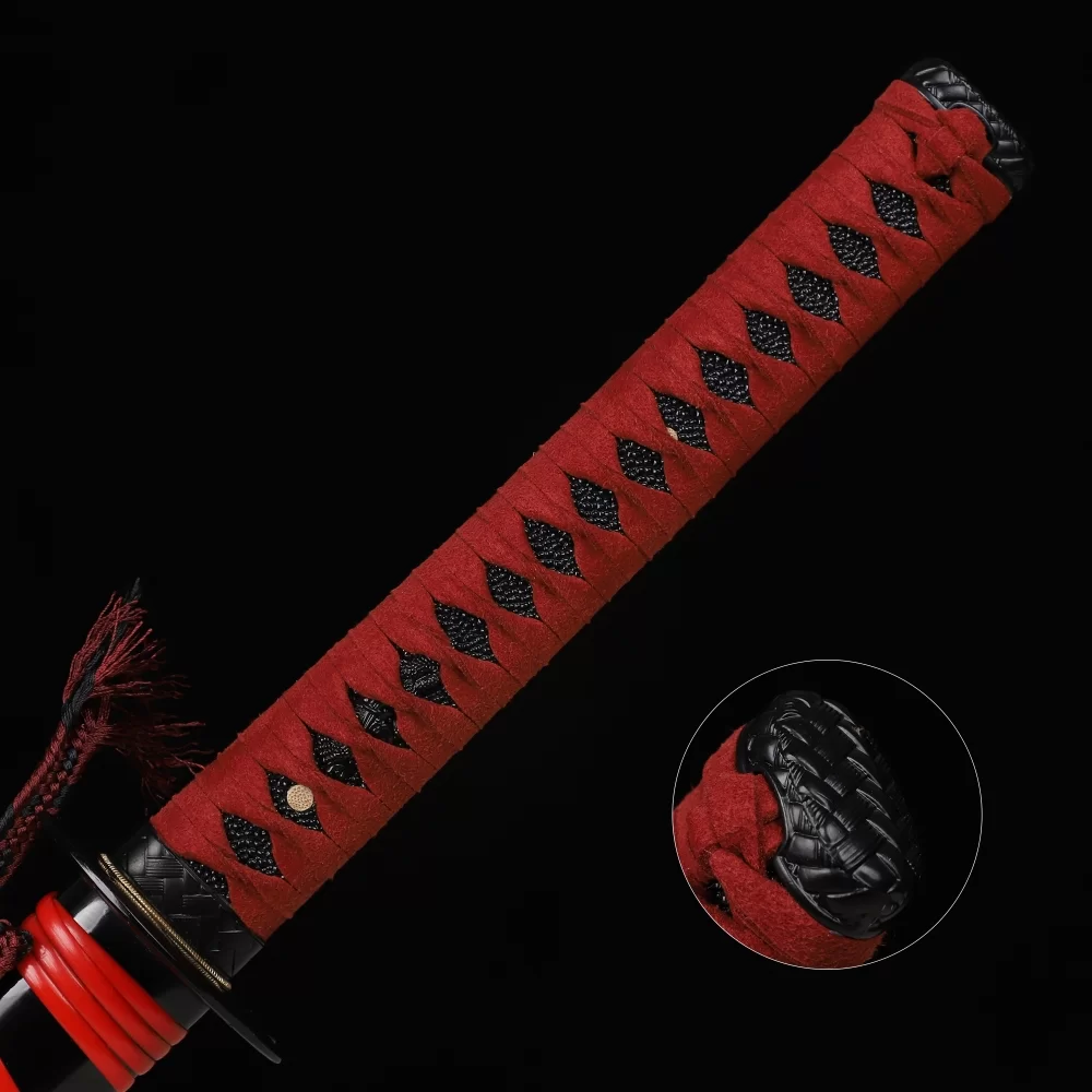 1090 Carbon Steel Black Blade Katana with Red Tsuka and Black-Red