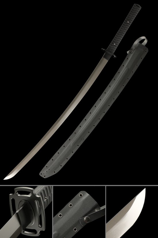 Full Tang Manganese Steel Katana in Gray with Black Kydex-Style Saya and Slotted Alloy Tsuba