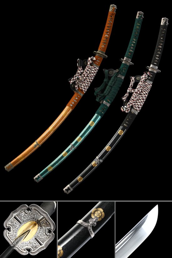 1095 Carbon Steel Odachi Sword 3-Piece Set with Lacquered Saya in Orange, Teal & Black