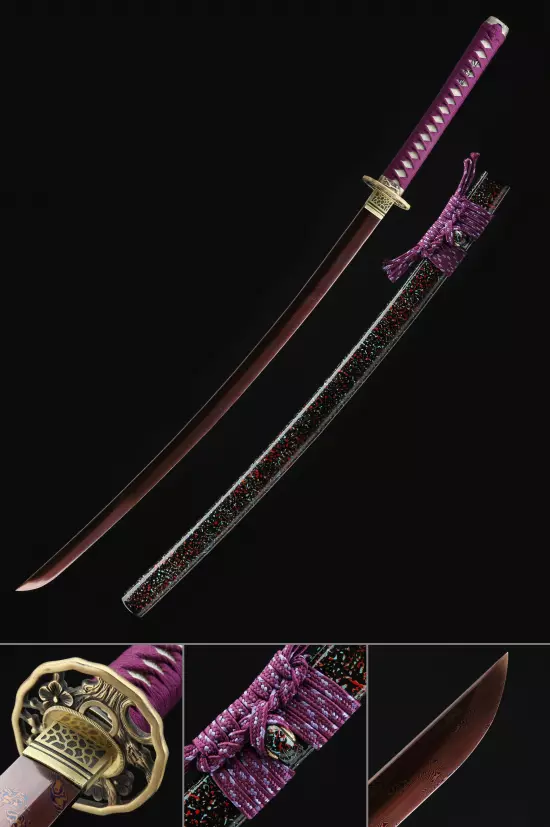 Handmade Japanese Katana Pattern Steel With Red Blade And Golden Tsuba