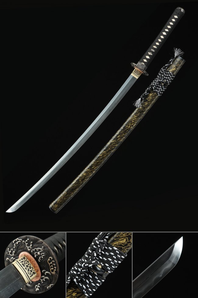 Damascus Steel Katana with Real Hamon, Full Tang - Black-Gold Dragon Saya, Wave Tsuba