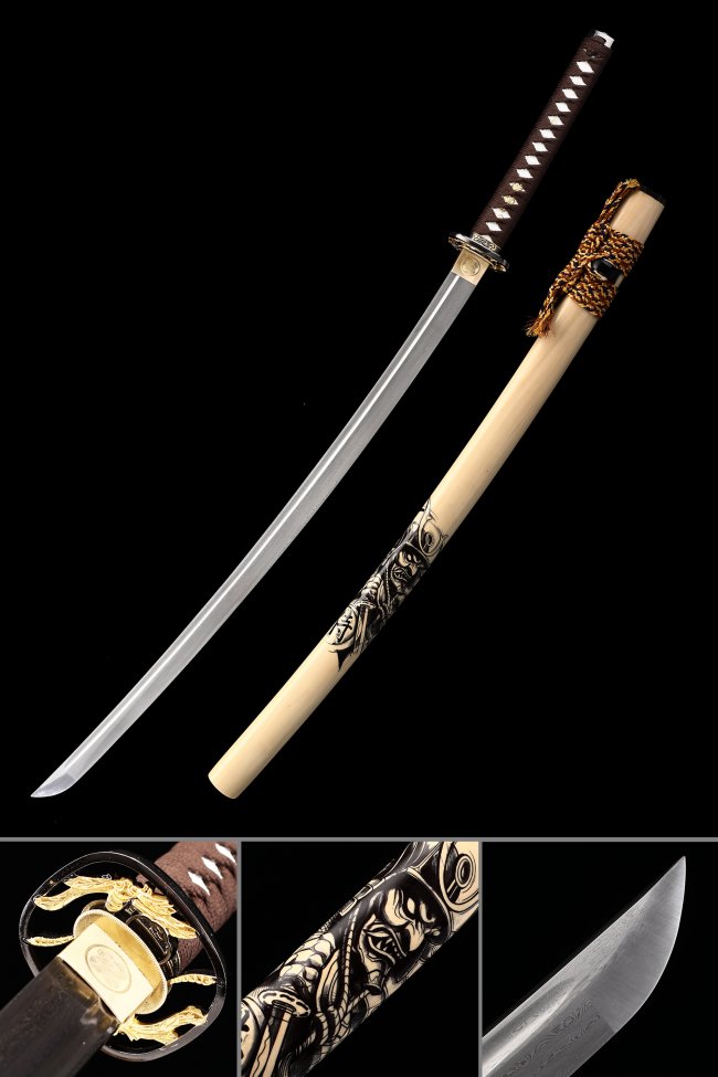 Damascus Steel Katana with Natural Wood Saya - Brown Ito, Dragon Tsuba, Samurai Engraved Scabbard