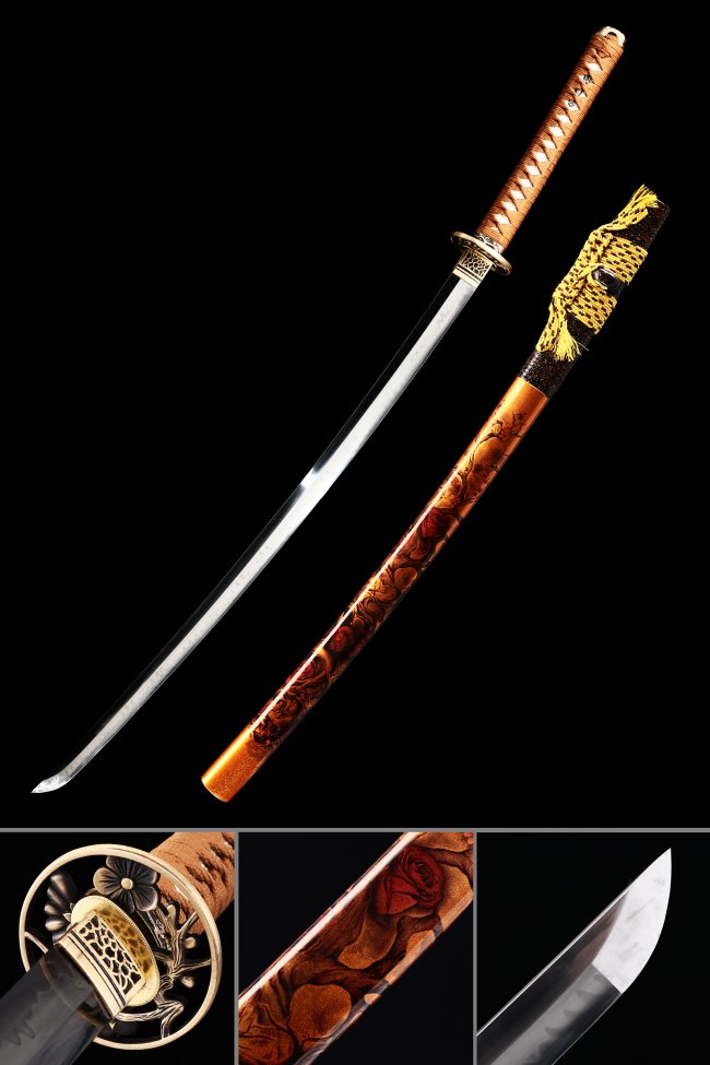 T10 Carbon Steel Katana with Orange Lacquer Saya - Flower Theme Tsuba, Gold Sageo, Brown Ito