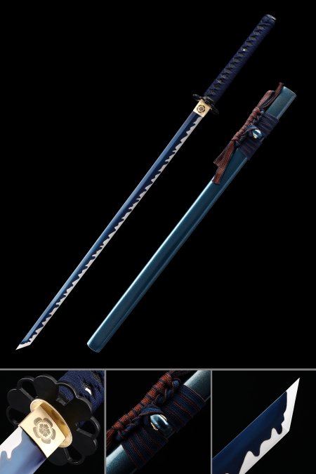 Straight Katana, Handmade Japanese Chokuto Sword With Blue Blade