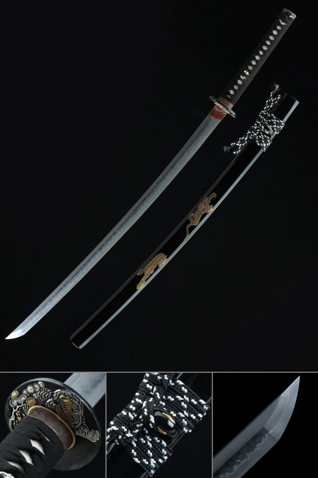 T10 Carbon Steel Katana with Hamon - Black Lacquer Saya Tiger Relief, Bronze Chrysanthemum Tsuba