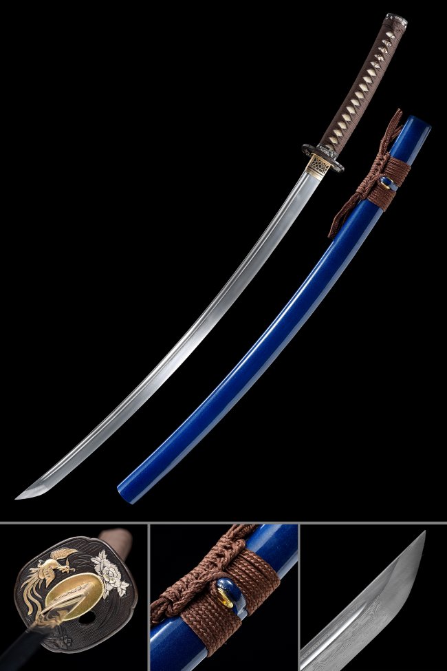 Damascus Steel Katana with Blue Piano Lacquer Saya - Phoenix Tsuba, Brown Ito
