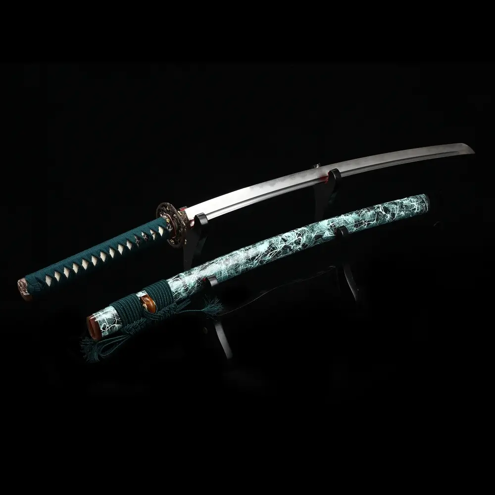 Damascus Katana | Damascus Steel Katana with Teal Marble Hardwood
