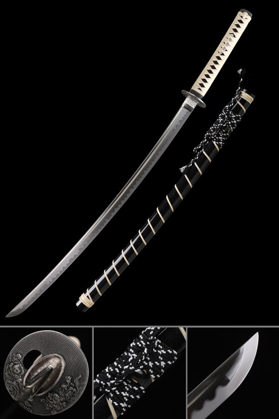 1090 Carbon Steel Katana with Floral Alloy Tsuba - White Handle, Black-White Hardwood Saya