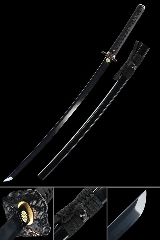 Chrysanthemum Tsuba T10 Carbon Steel Katana, Full Tang, Hand Forged & Black Saya