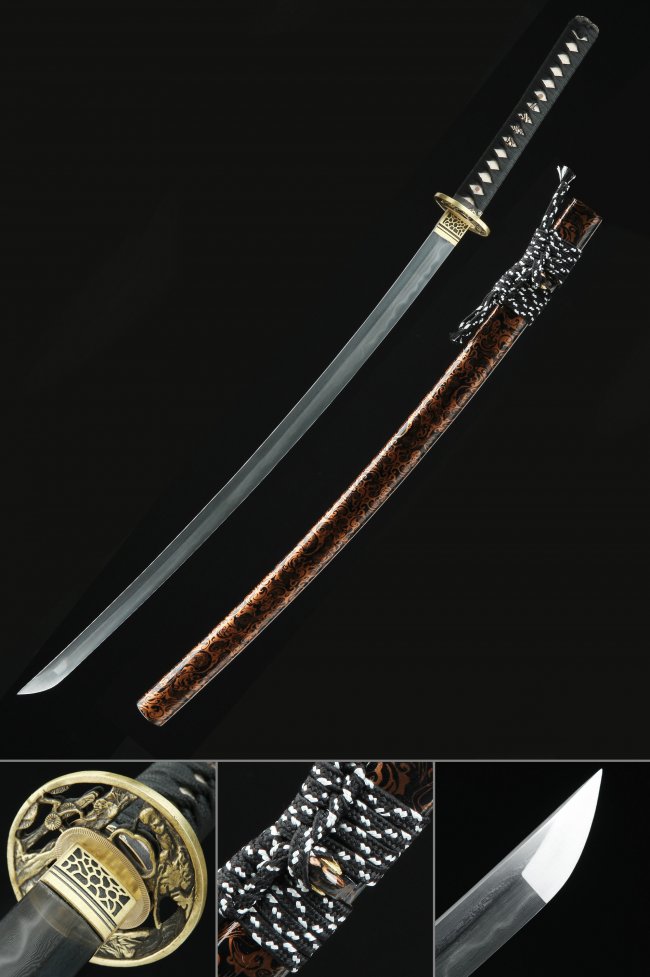 Damascus Steel Katana with Hamon, Gold Samurai Tsuba & Brown Dragon Lacquer Saya