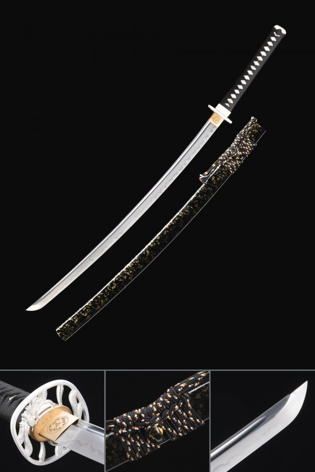 T10 Carbon Steel Katana with Dragonfly Tsuba in Black-Gold Lacquer Saya and White Tsuba