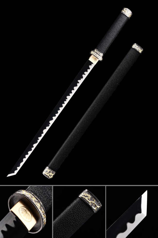 Ninjato Ninja Sword in Manganese Steel with Black Blade, Dragon Tsuba & PU Leather Saya