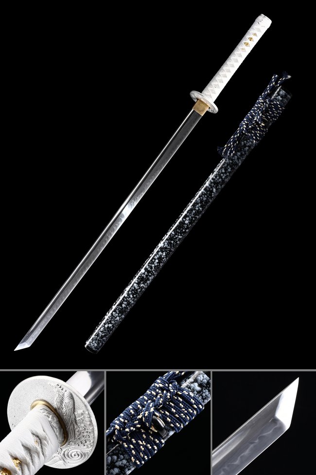 T10 Carbon Steel Ninjato with Marble Dark Blue Saya - White Wave Tsuba Ninja Sword Replica
