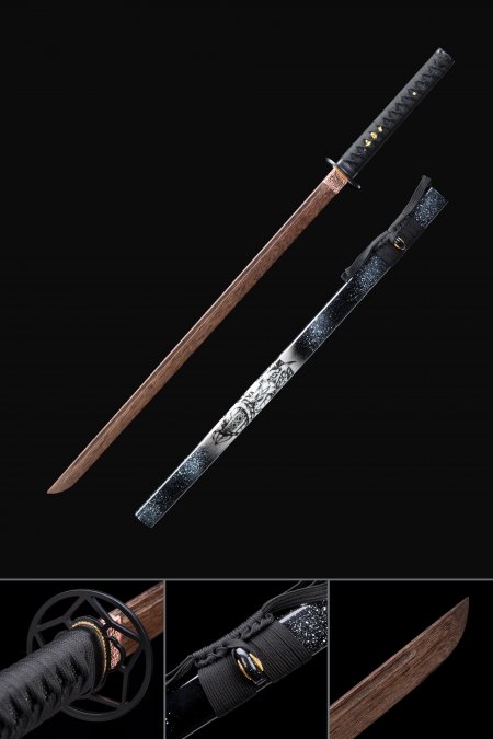 Handmade Brown Wooden Straight Blade Bokken Practice Ninjato Ninja Sword With Black Scabbard