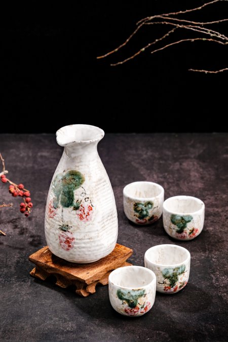 Japanese Ceramic Sake Set, 1 Serving Carafe And 4 Cups