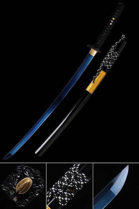 1090 Carbon Steel Katana with Blue Blade, Black Hardwood Saya and Lion Tsuba