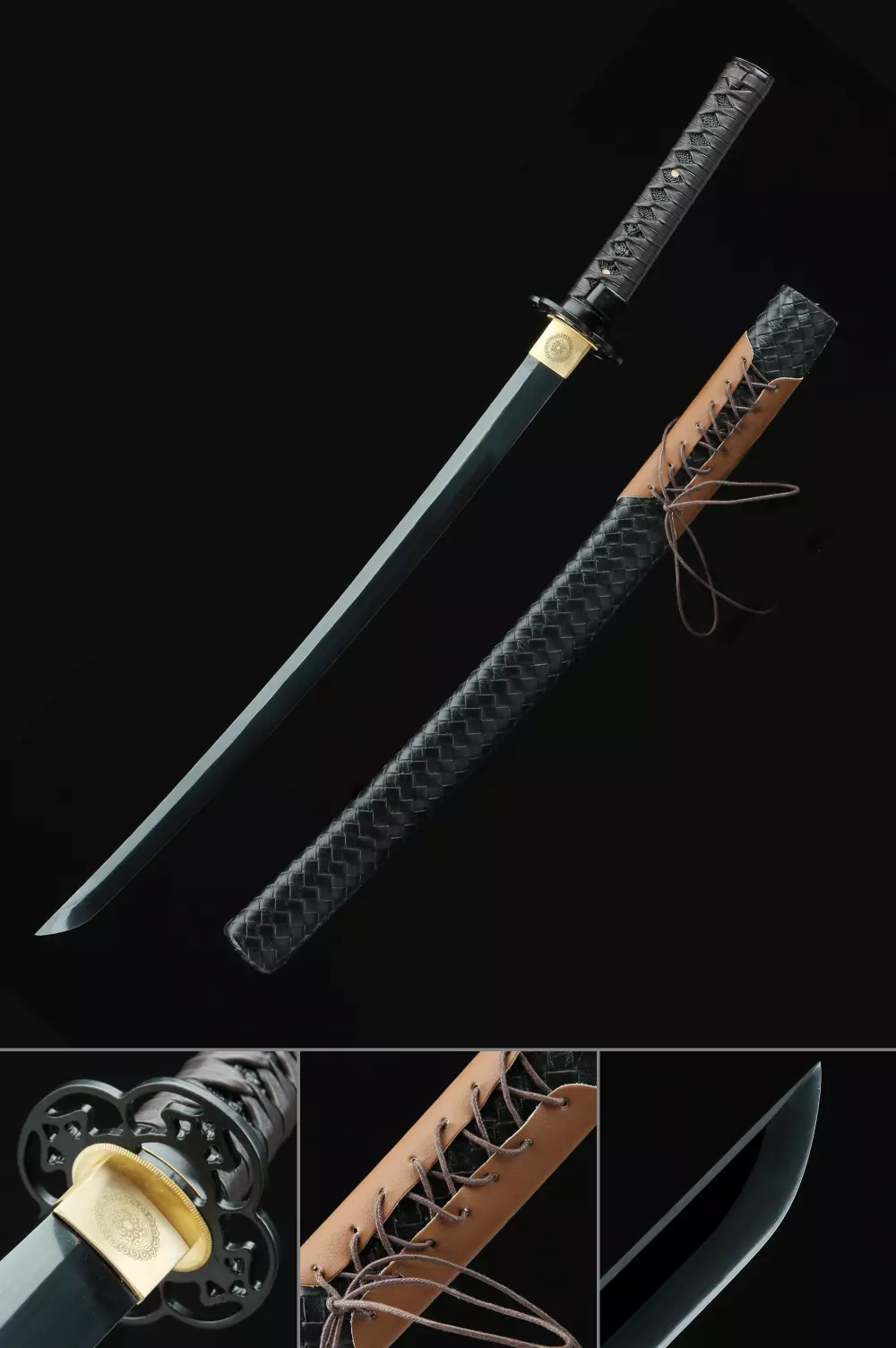 Black Wakizashi  Handmade High Manganese Steel Black Blade