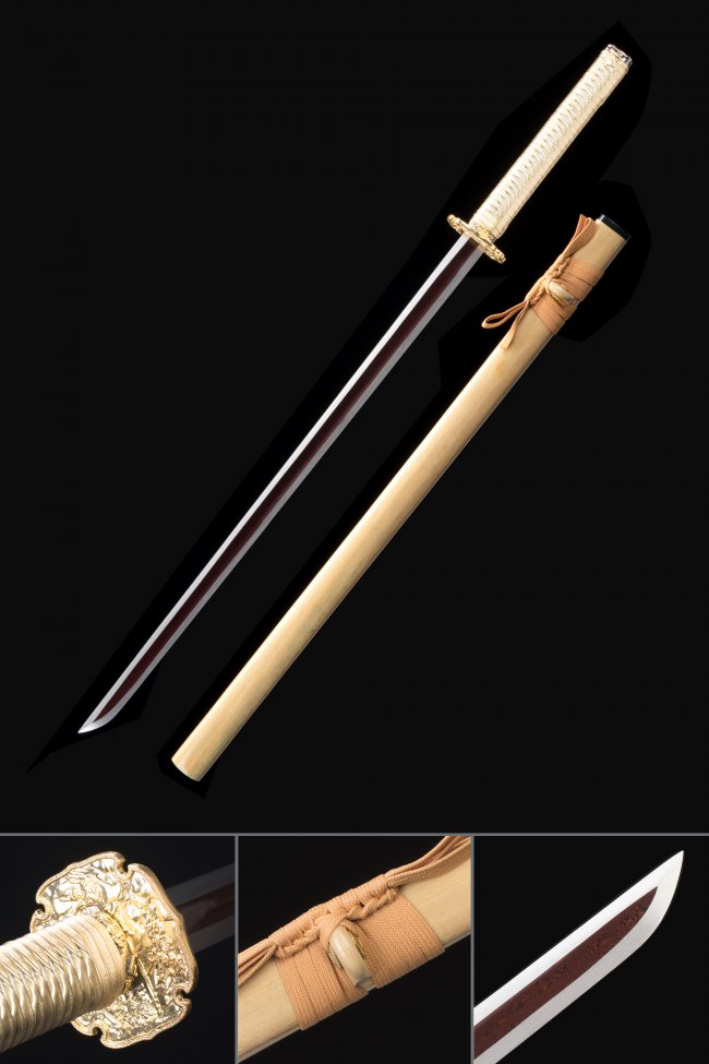 Ornate Scroll Tsuba 1060 Carbon Steel Ninjato, Full Tang, Handmade & Beige Saya