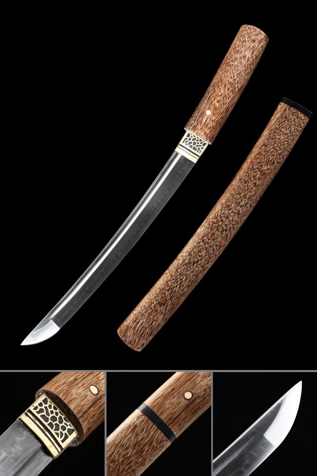 Shirasaya Tanto T10 Folded Clay Tempered Steel with Real Hamon in Natural Rosewood Saya
