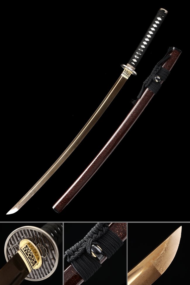 Damascus Steel Katana with Gold Blade, Dark Red Hardwood Saya and Bamboo Tsuba