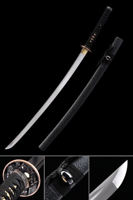 Handmade Japanese Katana Sword With Black Leather Scabbard