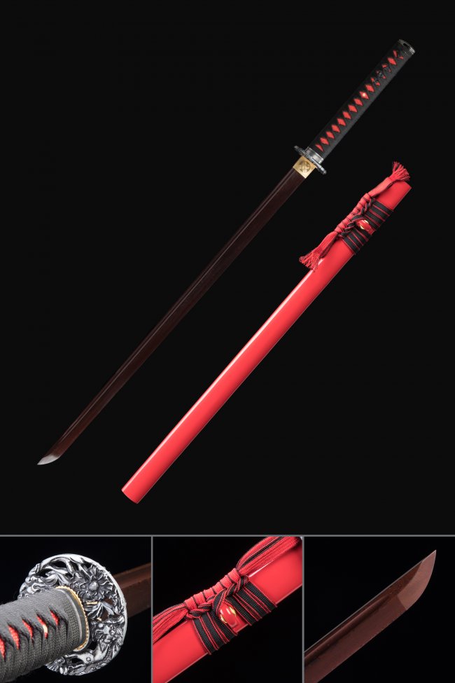Damascus Steel Ninjato with Dark Red Blade - Black-Red Tsuka, Silver Lion Tsuba, Red Lacquered Saya