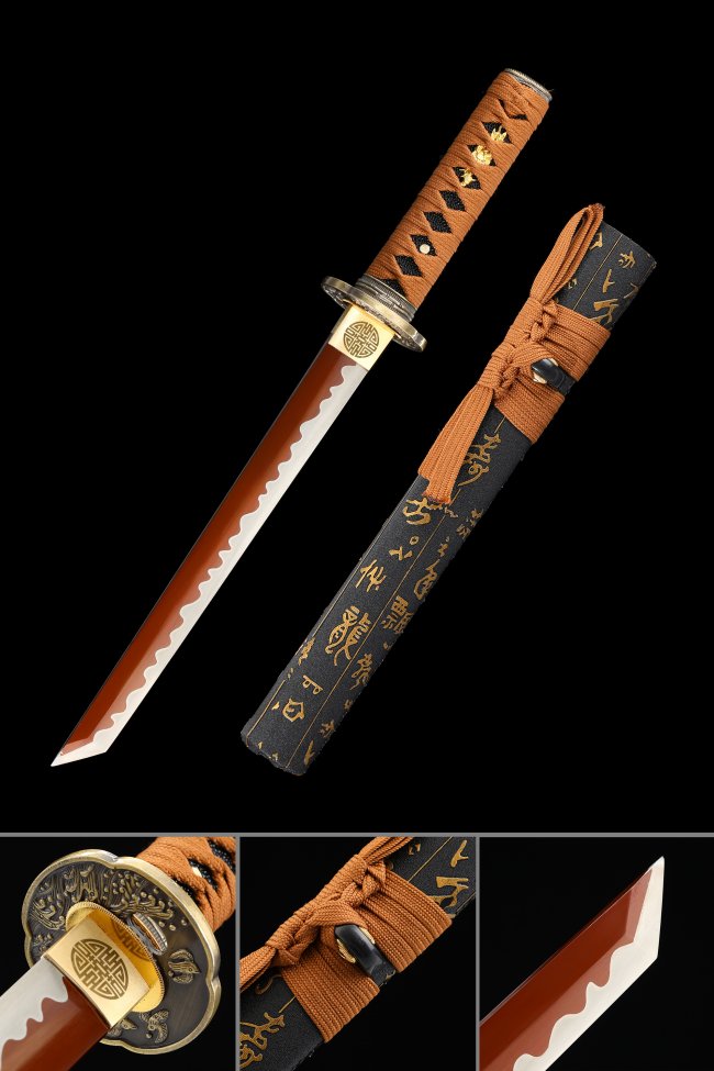 Manganese Steel Tanto with Dark Red Blade in Black Kanji Saya - Orange Tsuka Wrap