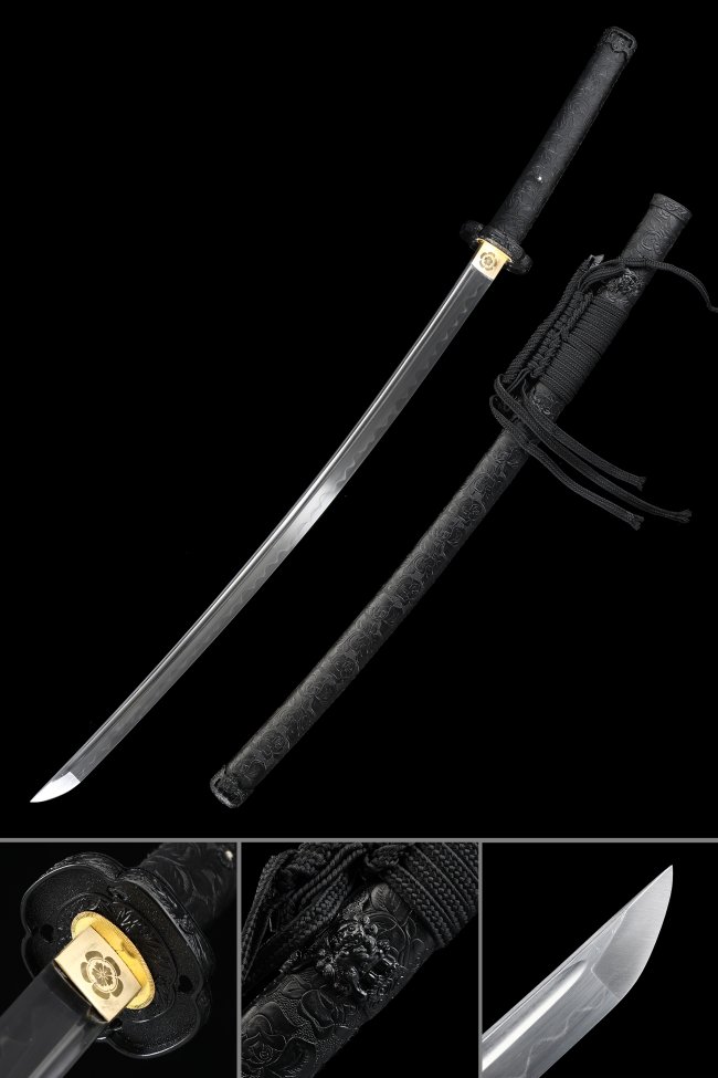 Clay Tempered Tachi Odachi Sword in High Manganese Steel with Real Hamon and Black Floral Saya