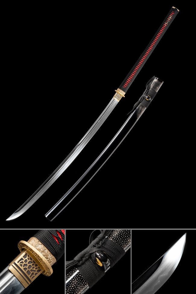 Damascus Steel Japanese Naginata - Black Lacquer Saya, Clay Tempered, Real Hamon, Full Tang