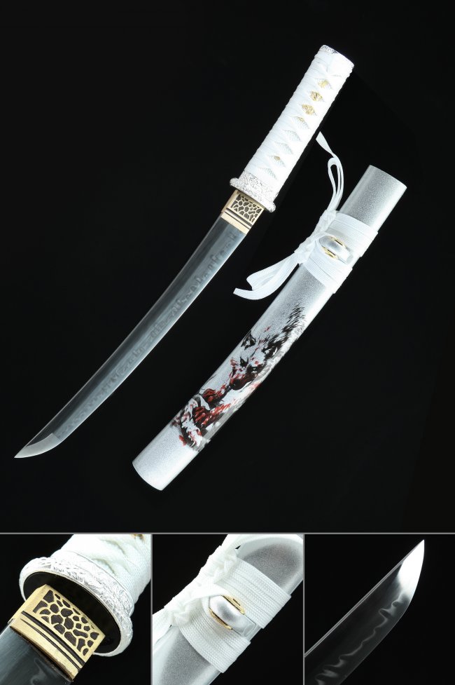 T10 Carbon Steel Tanto Sword with Real Hamon in White Saya - Hand-Painted Wolf Scabbard Collectible
