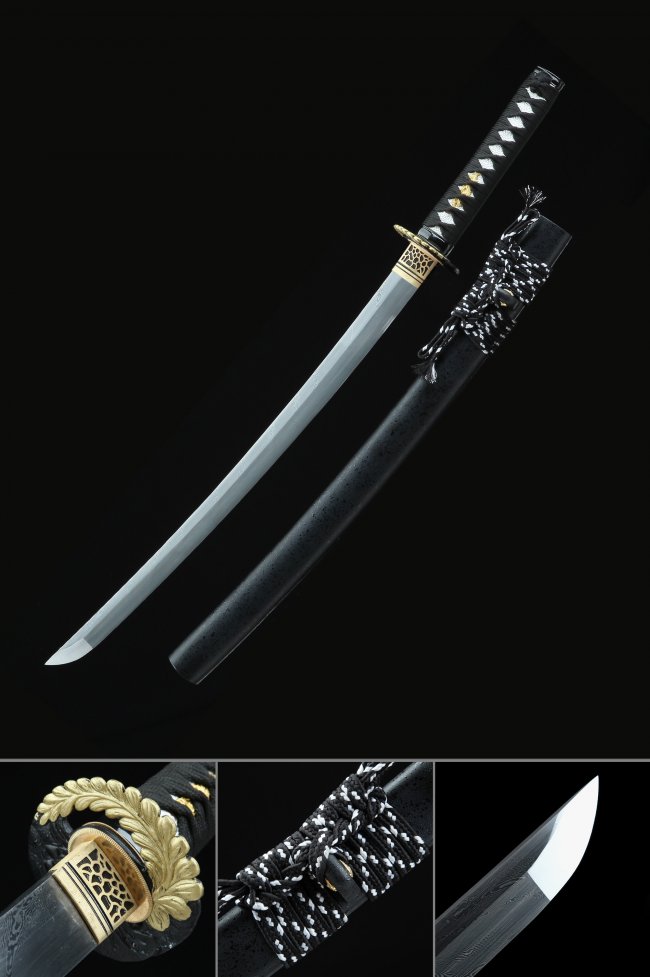 Damascus Wakizashi with Black Lacquer Saya - Pattern Steel Blade, Gold Scroll Tsuba, Black-White Ito