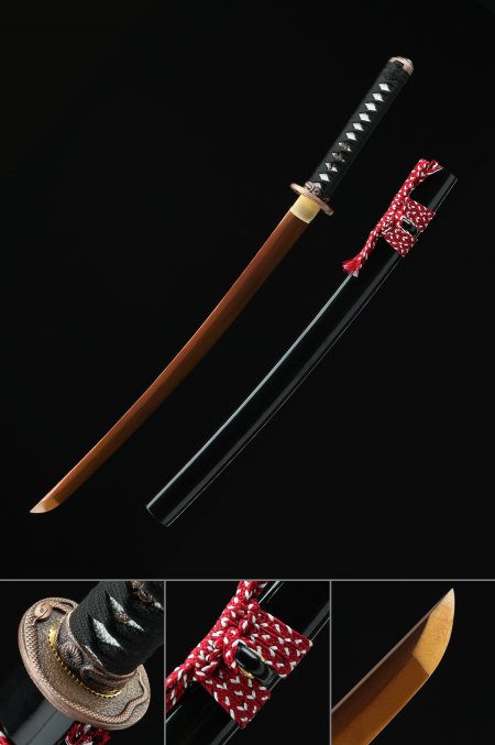 Espada Wakizashi Japonesa Real Balde Dorada De Acero Con Resorte Hecha A Mano Con Vaina Negra Y Tsuba De Serpiente