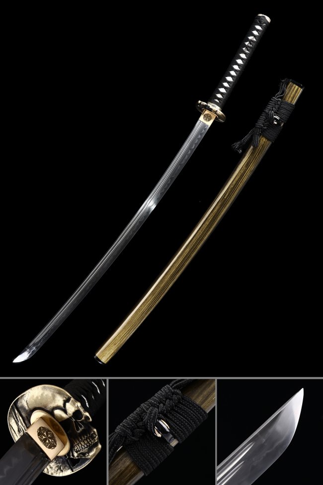 T10 Carbon Steel Katana with Real Hamon - Natural Wood Saya, Gold Skull Tsuba, Black Wrap