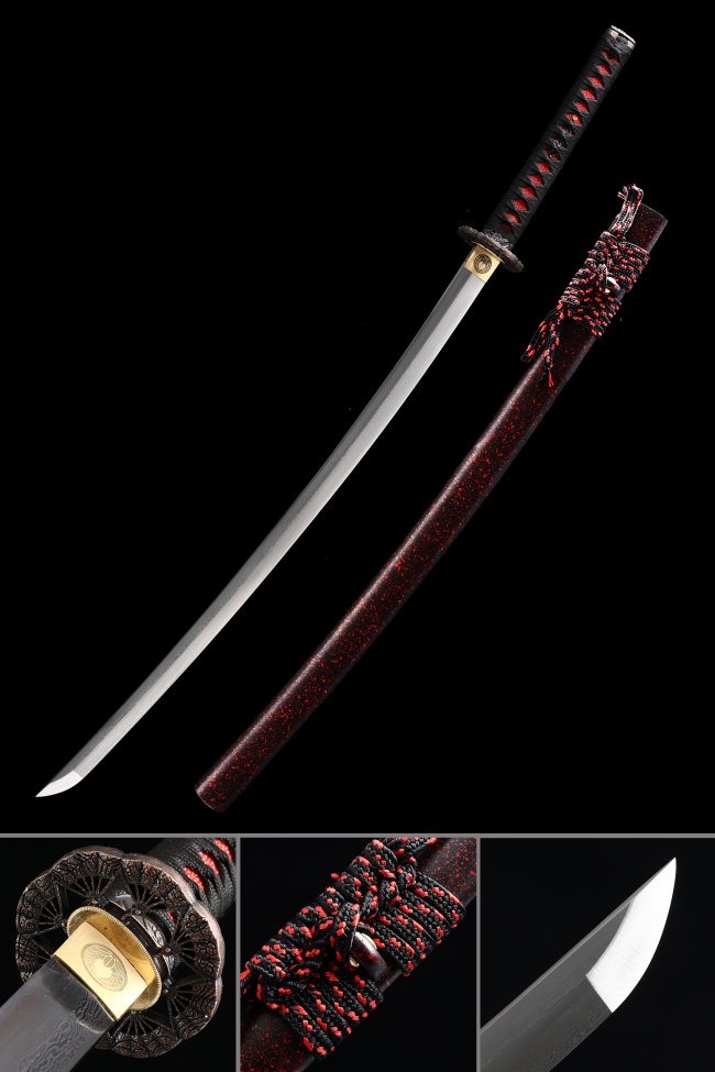 Damascus Steel Katana with Dark Red Lacquer Saya - Black & Red Tsuka, Chrysanthemum Tsuba