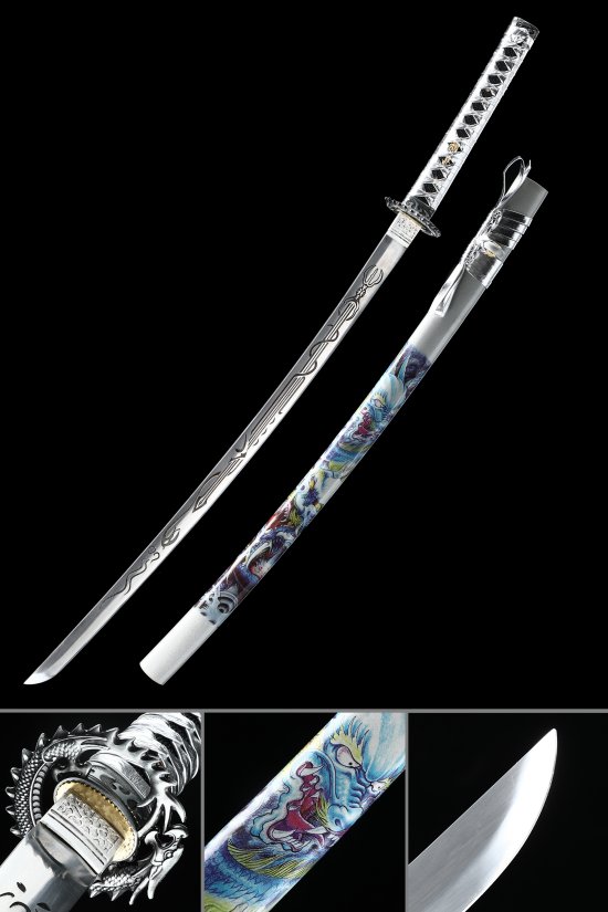 1065 Carbon Steel Katana with Dragon-Engraved Blade in White Multicolor Dragon Saya