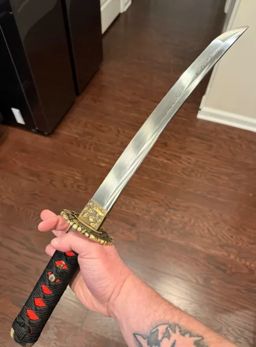 Damascus Steel Tanto in Red Lacquer Saya with Floral Copper Tsuba - Black & Red Cord Wrap